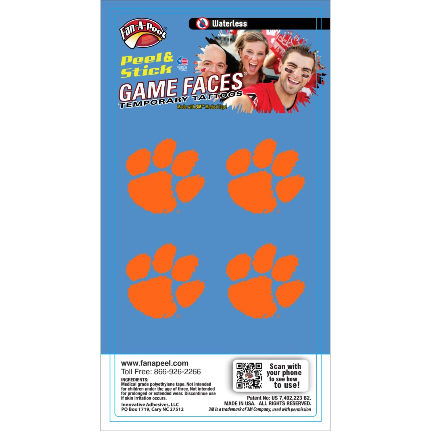 CLEMSON TIGERS 4 PACK PEEL AND STICK FACE TATTOOS - Clemson Tiger Traditions